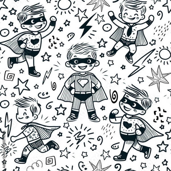 Fototapeta Seamless pattern with cute boy hero. Creative childish texture in scandinavian style. Great for fabric, textile Vector Illustration