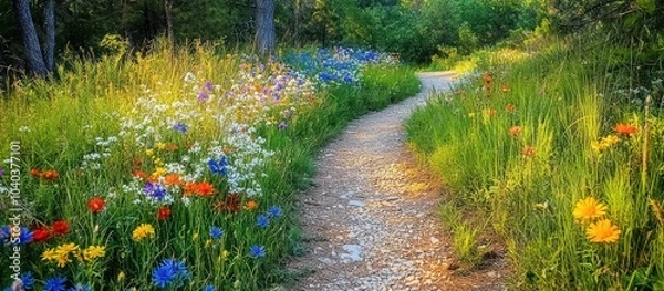 Fototapeta A winding gravel path through a field of colorful wildflowers in a meadow on a sunny day.