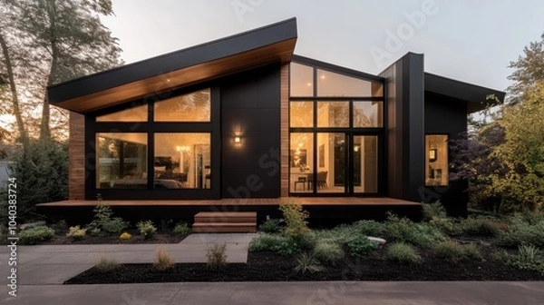 Fototapeta A contemporary house showcasing an angular roof design, large windows, and surrounded by lush greenery, highlighting simplicity and elegance at twilight.