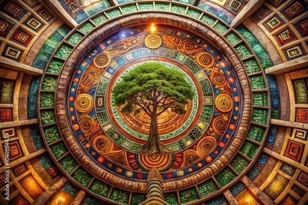 Fototapeta World Tree Sprouting from Spiral Maze - Mythical Aztec Symbolism for Nature and Culture