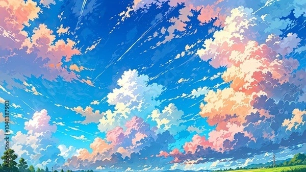 Fototapeta Cute clouds perspective anime style with pastel colors background
