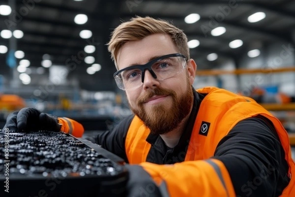 Fototapeta Mechanical engineer inspecting gears in an assembly line, wearing safety gear and using technical tools to check for precision