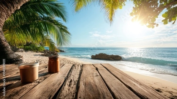 Fototapeta A serene tropical beach with palm trees and a wooden table, perfect for relaxing in the sun. Sunlight glimmers over the ocean horizon, casting gentle reflections.
