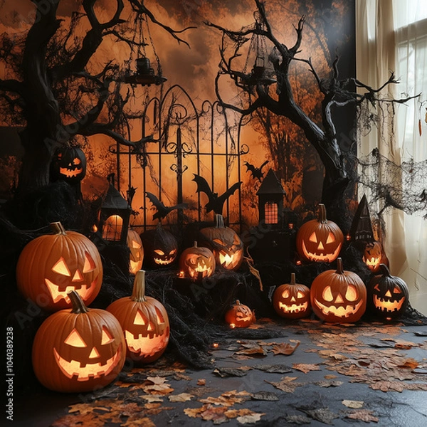 Fototapeta halloween background with pumpkin and bats, Generative AI	
