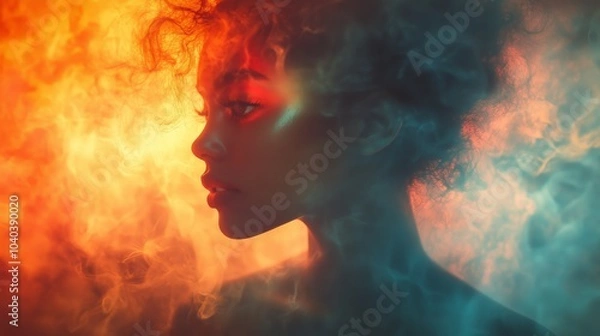 Fototapeta This captivating image captures the duality of fire and ice, with vibrant orange flames on the left and cool blue smoke on the right, framing the enigmatic silhouette of a woman in the center.