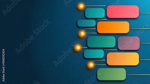 Fototapeta A vibrant, abstract design featuring colorful rectangles connected by lines, set against a deep blue background, evoking a sense of connectivity and modernity.