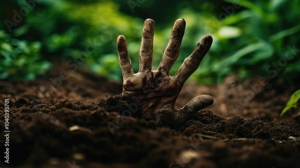 Fototapeta Scary zombie hand comes out of the ground. Close-up. Dirty hand of a zombie comes out of the ground at day.