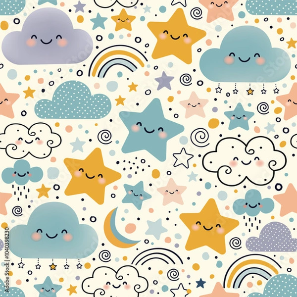 Fototapeta Cute seamless pattern with kawaii clouds, rainbow, and stars. Clouds smiling face. Pastel color background. For fabric, wallpaper, wrapping paper, kids apparel, baby product. Vector illustration