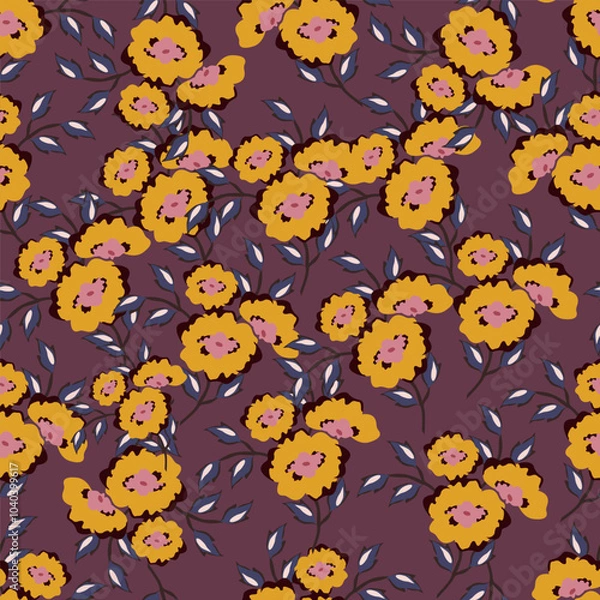 Fototapeta Seamless floral pattern, liberty ditsy fabric, textile print in country, folk motif. Simple botanical design of small hand drawn flowers, tiny leaves, random bouquets on a blue. Vector illustration.