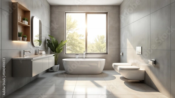 Fototapeta A Modern Bathroom with Stylish Grey and White Tiles and a Large Window Flooding the Space with Light