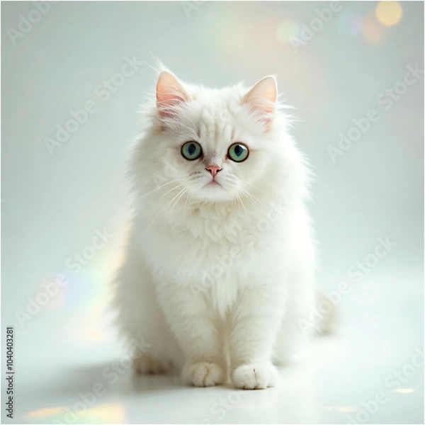 Fototapeta Fluffy White Cat with Piercing Eyes in Soft Light isolated on a white background