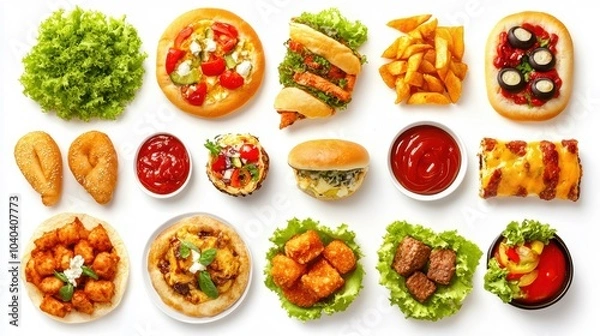 Fototapeta A vibrant spread of various delicious foods including salads, snacks, and sauces on a white background.