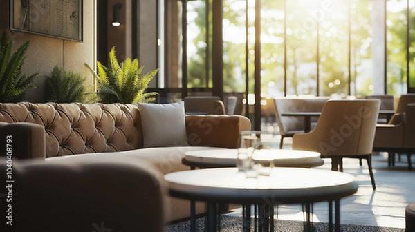 Fototapeta Cozy modern seating area in natural sunlight with a plush beige sofa and wooden tables.