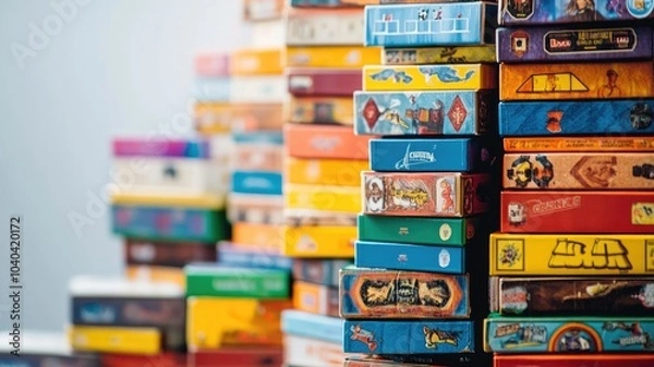 Fototapeta Stacks of colorful board games on table, vibrant and varied elements