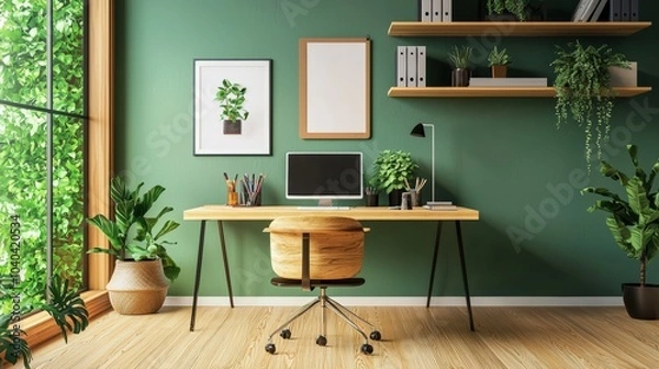 Fototapeta A green room with a desk and chair, a computer monitor, and a potted plant