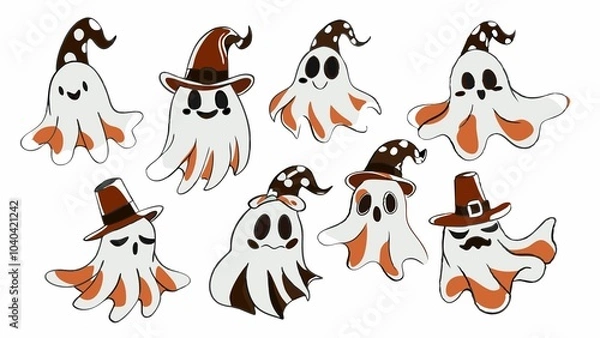 Obraz little ghosts in white and in a hat flying in a group, with colored patches, on a white background, applications for Halloween, Christmas, etc
