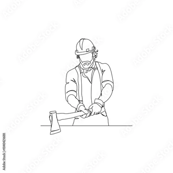 Fototapeta Dessin en ligne continue d'un homme tenant une hache, line art, vecteur