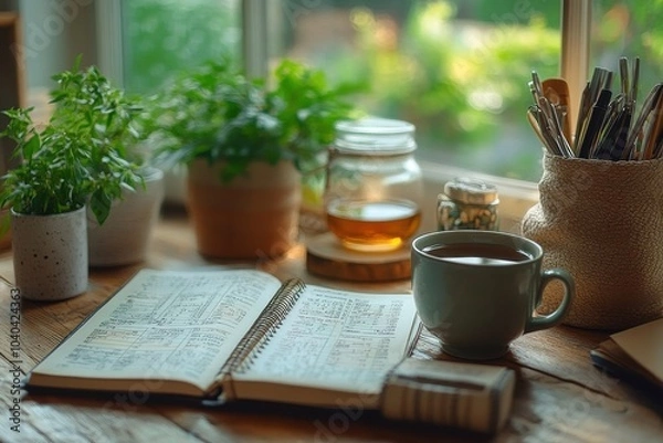 Fototapeta Cozy Workspace with Open Notebook and Coffee Cup by Sunny Window