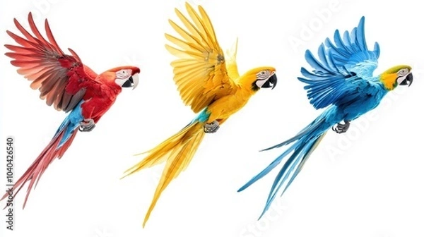 Fototapeta Collection of three birds, flying macaw parrots set (red, blue and blue-and-yellow) isolated on white background as transparent PNG, generative AI animal