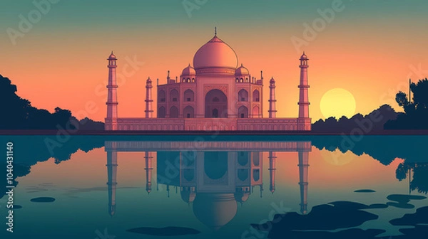 Obraz Poster illustration of the taj mahal at sunrise india with its iconic reflection in the calm waters. Taj Mahal at Sunrise. Illustration
