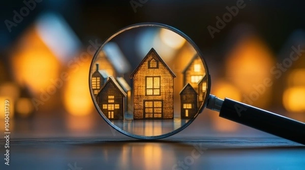 Fototapeta A home search using a magnified glass is a concept that allows one to look for a new home or investment property. It involves searching for a mortgage, buying a home, and investing in real estate.