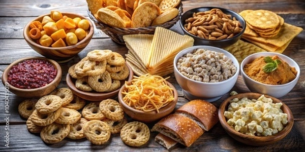 Fototapeta A Feast of Crunchy Delights A Rustic Table Spread of Various Snacks, Bread, and Dip, Snack Food, Party Food, Appetizer