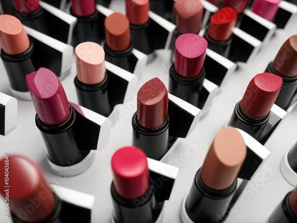 Fototapeta Excelling in cosmetics production with a diverse range of lipstick shades. Concept Cosmetics Production, Lipstick Shades, Diverse Range, Beauty Innovation, Color Variety