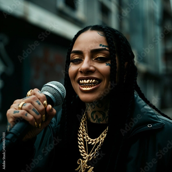 Fototapeta Smiling Female rapper with Gold Teeth and Microphone in a Street Style Portrait
