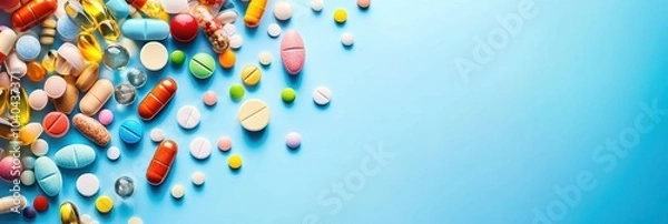 Obraz Banner made with assorted multicolored medicine pills, capsules, and tablets on blue background with copyspace. Immune system vitamins and supplements. Dietary bio supplements.