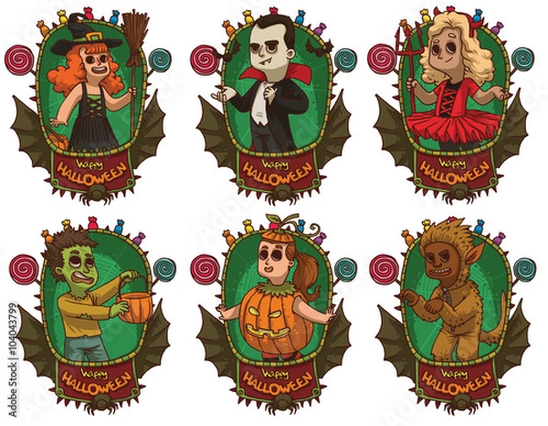 Obraz Vector image of green frames with bat wings, candies, spiders, banners and with cartoon images of children in various Halloween costumes on white background. Holiday, Halloween. Vector illustration.