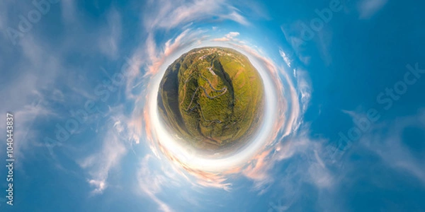 Obraz Green little planet with trees and field. Tiny planet with blue sky and sun. 360 viewing angle.