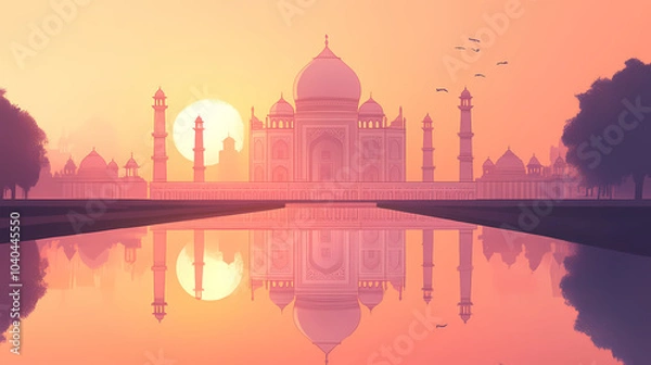 Fototapeta The taj mahal: a majestic reflection in india. Taj Mahal at Sunrise. Illustration