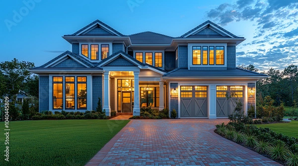 Fototapeta Beautiful two-story new construction home with a front view at dusk, perfectly lit by the lights inside and on each side of the garage door.