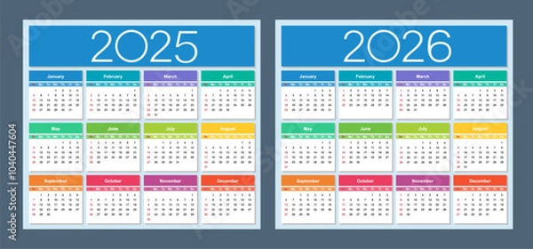 Fototapeta Colorful calendar for 2025 and 2026 years. Week starts on Sunday. Isolated vector illustration.