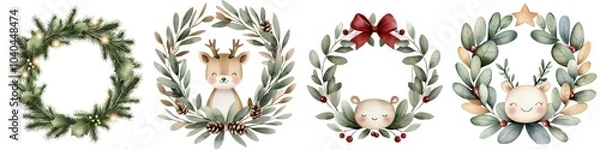 Fototapeta Cute animal wreaths with festive designs on a white isolated background.
