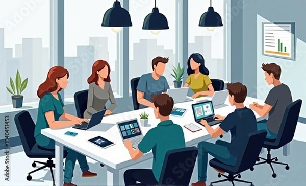 Fototapeta Tech-Driven Collaboration: Diverse Team Innovating in Flat Design, Ai generated Images