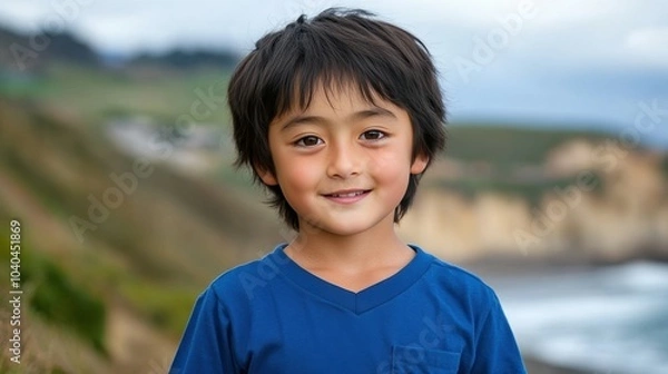 Fototapeta A young boy with short hair is smiling at the camera. He is wearing a blue shirt with a pocket. The scene takes place near the ocean, with a hill in the background