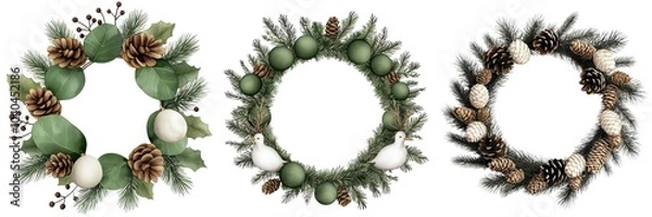 Fototapeta Three decorative wreaths with natural elements on a white isolated background.