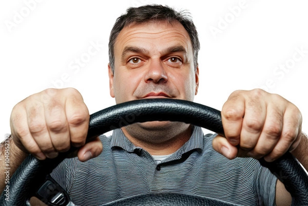 Obraz Car driver with steering wheel, no background