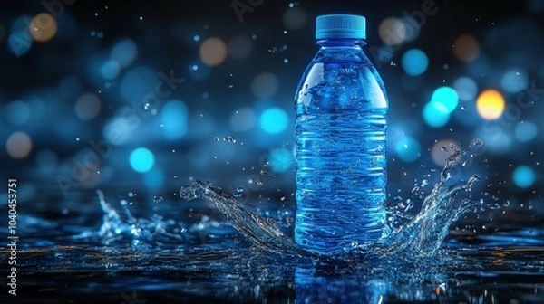 Fototapeta A bottle of water is sitting in a pool of water with a splash. The water is blue and the bottle is clear. Concept of calmness and relaxation, as the water