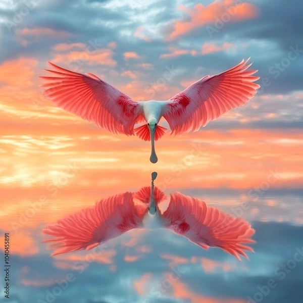 Fototapeta A stunning bird with vibrant pink wings soars gracefully over a peaceful water surface. The reflection adds depth to this breathtaking scene. A perfect nature shot. AI