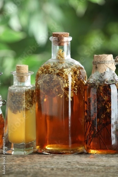 Obraz Different tinctures in bottles on wooden table outdoors, closeup