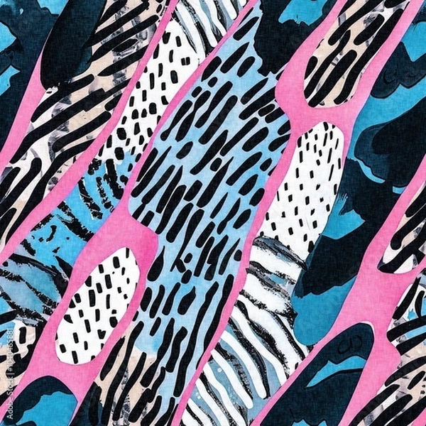 Obraz Fun girly camouflage pattern in vibrant stripes and spotted seamless design . Modern skin texture patched effect for festival and beach wear style in repeat .