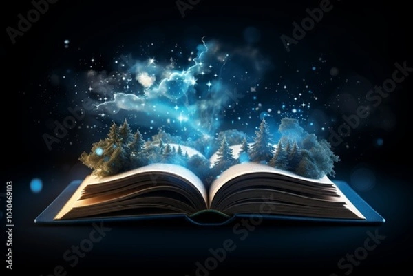Fototapeta Cosmic wonders  an open book releasing stars and celestial elements against a night sky backdrop