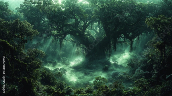 Fototapeta Dense, foggy rainforest at night, with trees covered in moss and vines, creating a dark and mysterious atmosphere.