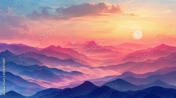 Fototapeta A captivating sunrise fills the sky with hues of pink, orange, and blue, casting soft light over a vast landscape of rolling mountains and valleys beneath a warm sun.