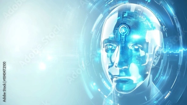 Fototapeta Futuristic image of a humanoid robot head with glowing elements, representing advanced technology and artificial intelligence.