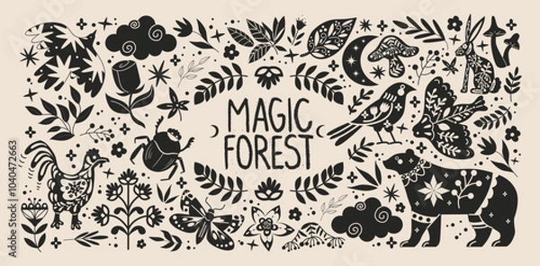 Obraz Abstract wood folk shapes with plants, animals, insects and forest elements. Ethnic folk stickers in scandinavian style. Boho animals silhouettes and floral patterns, doodle Scandinavian folk textile 