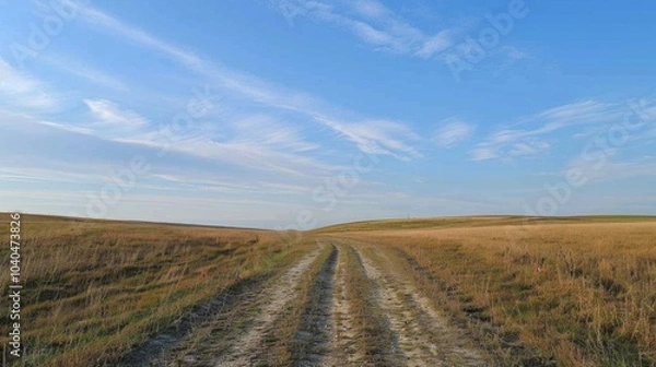 Fototapeta A dirt road weaves through vast golden fields under a stunning blue sky with wispy clouds, evoking a sense of tranquility, solitude, and endless possibilities.