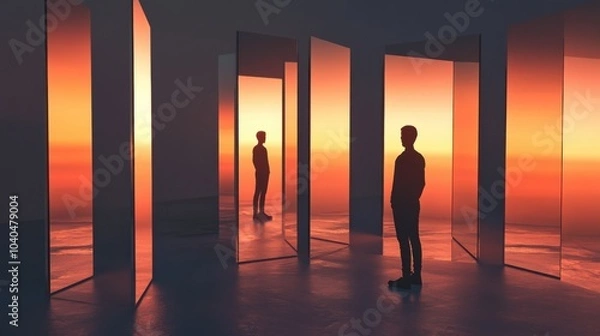 Obraz A captivating image of a person standing in front of a mirror that reflects their future selves in various scenarios